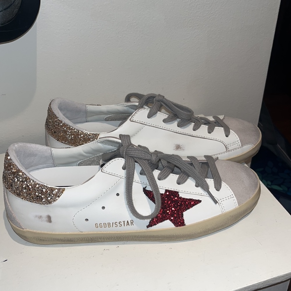 Golden Goose White and Red Glitter Star Sneakers